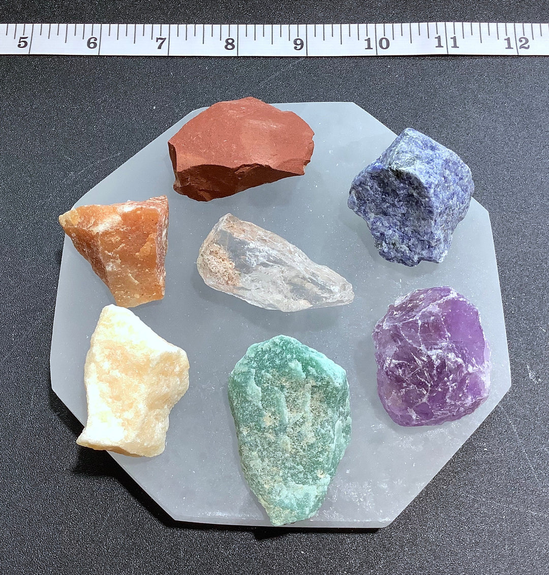 7 Stone Chakra Set w/ Selenite Charging Plate Octagon Reiki 7 Gemstones Healing Crystals and Stones