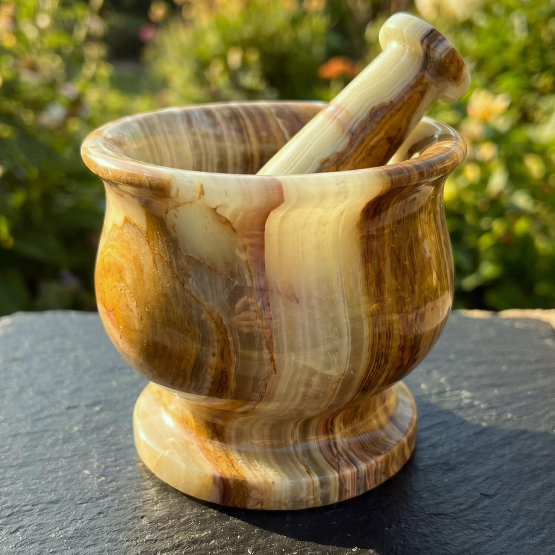 Banded Calcite Mortar and Pestle Set Genuine Natural Stone Carving