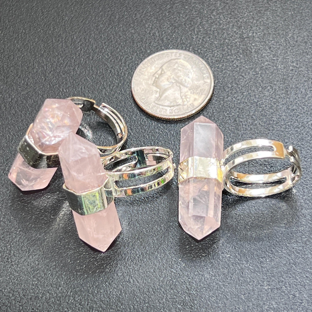 Pink Rose Quartz Crystal Adjustable Ring (Silver Plated)