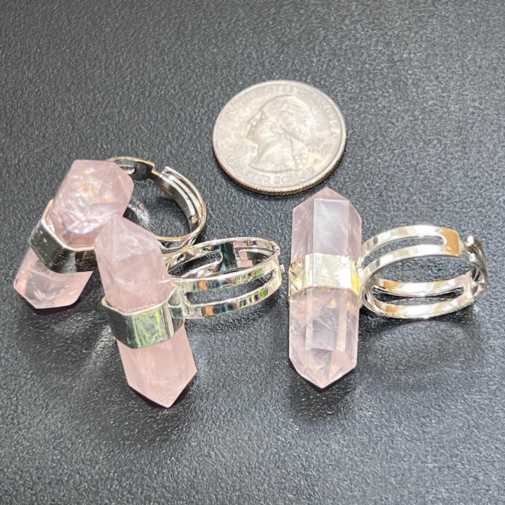 Pink Rose Quartz Crystal Adjustable Ring (Silver Plated)