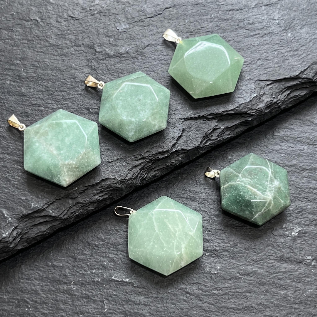 Green Aventurine Hexagon Faceted Crystal Pendant (Silver Bail)