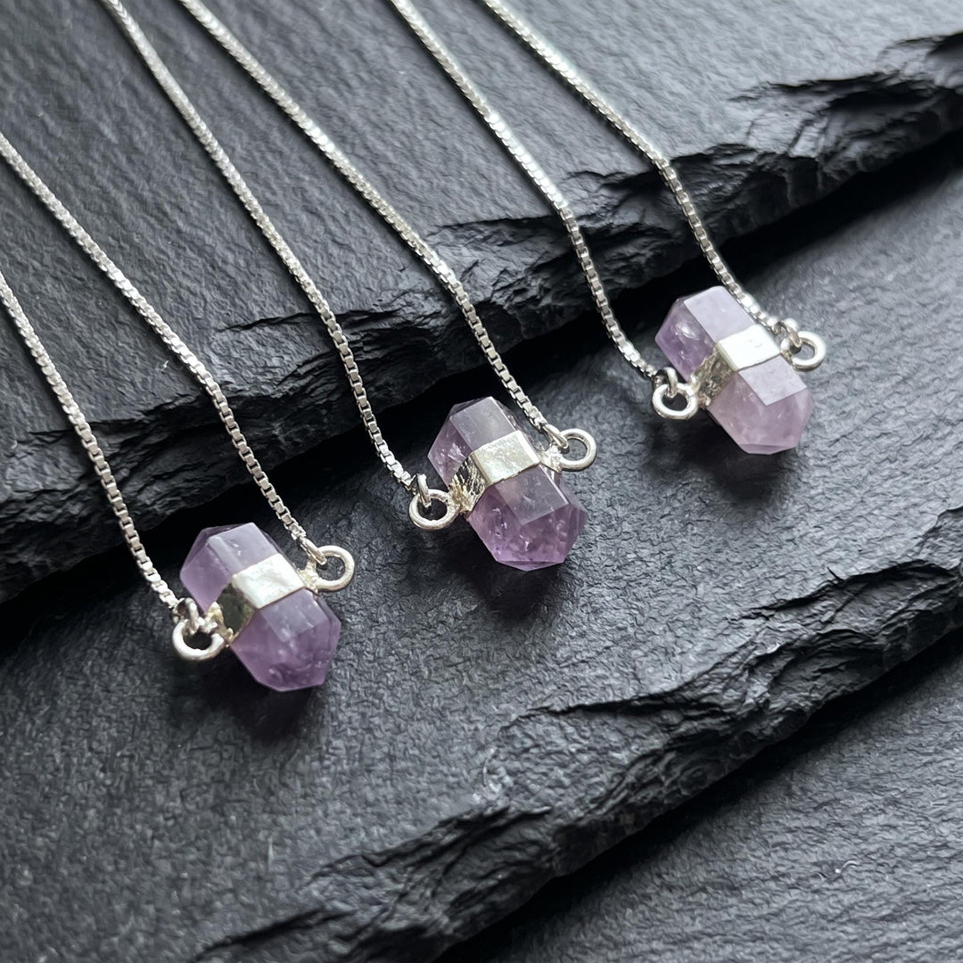 Amethyst Crystal Petite Double Terminated Point Pendant Necklace (16 Inch Silver Plated Chain)