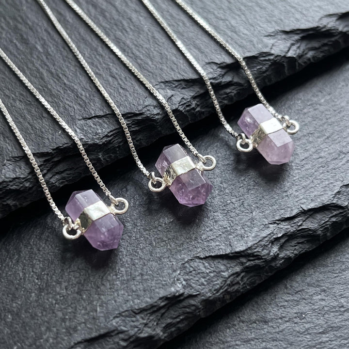 Amethyst Crystal Petite Double Terminated Point Pendant Necklace (16 Inch Silver Plated Chain)