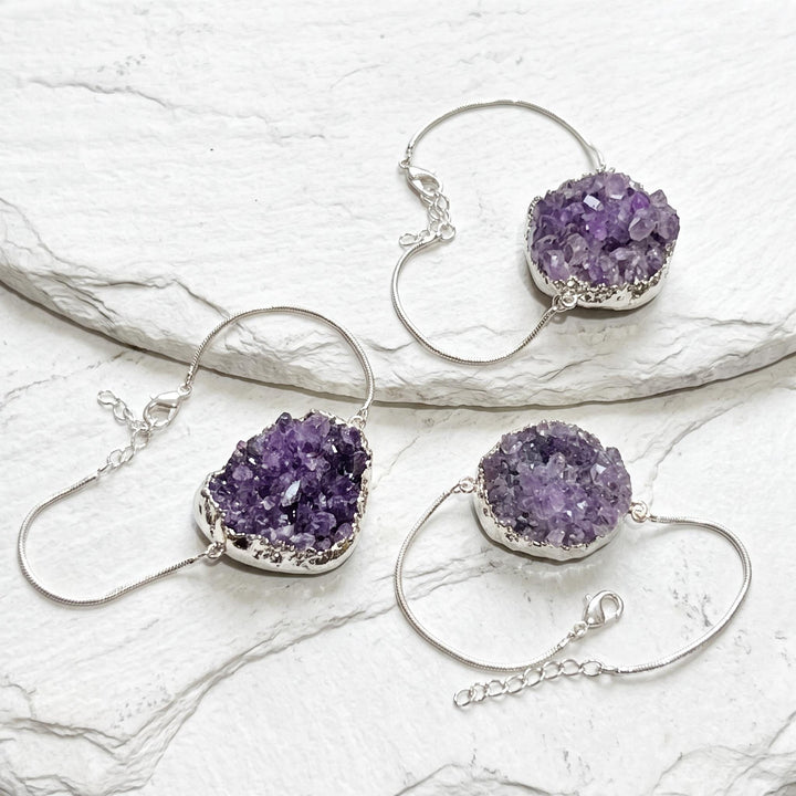 Amethyst Bracelet Crystal Cluster Adjustable Clasp (7-8 inches)(Silver Plated)