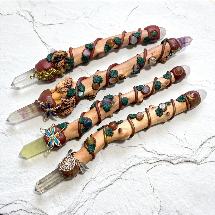 Long Crystal Point Wand Staff Wood Stick Branch Decor Carving