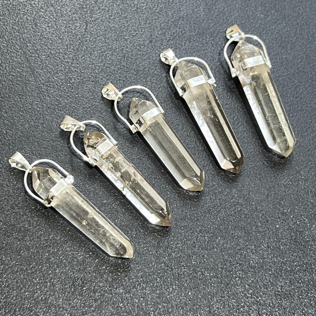 Smoky Quartz Crystal Faceted Point Pendant (Silver Plated)