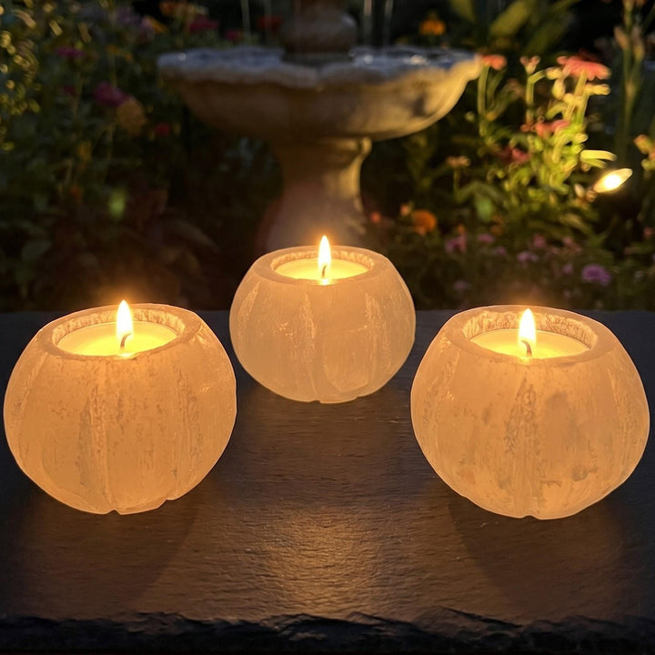 Selenite Satin Spar Crystal Fluted Sphere Tealight Candle Carving