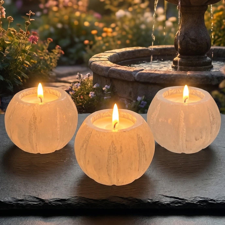 Selenite Satin Spar Crystal Fluted Sphere Tealight Candle Carving