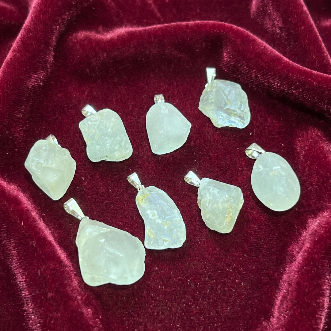 Blue Topaz Rough Raw Crystal Pendant (Silver Bail)