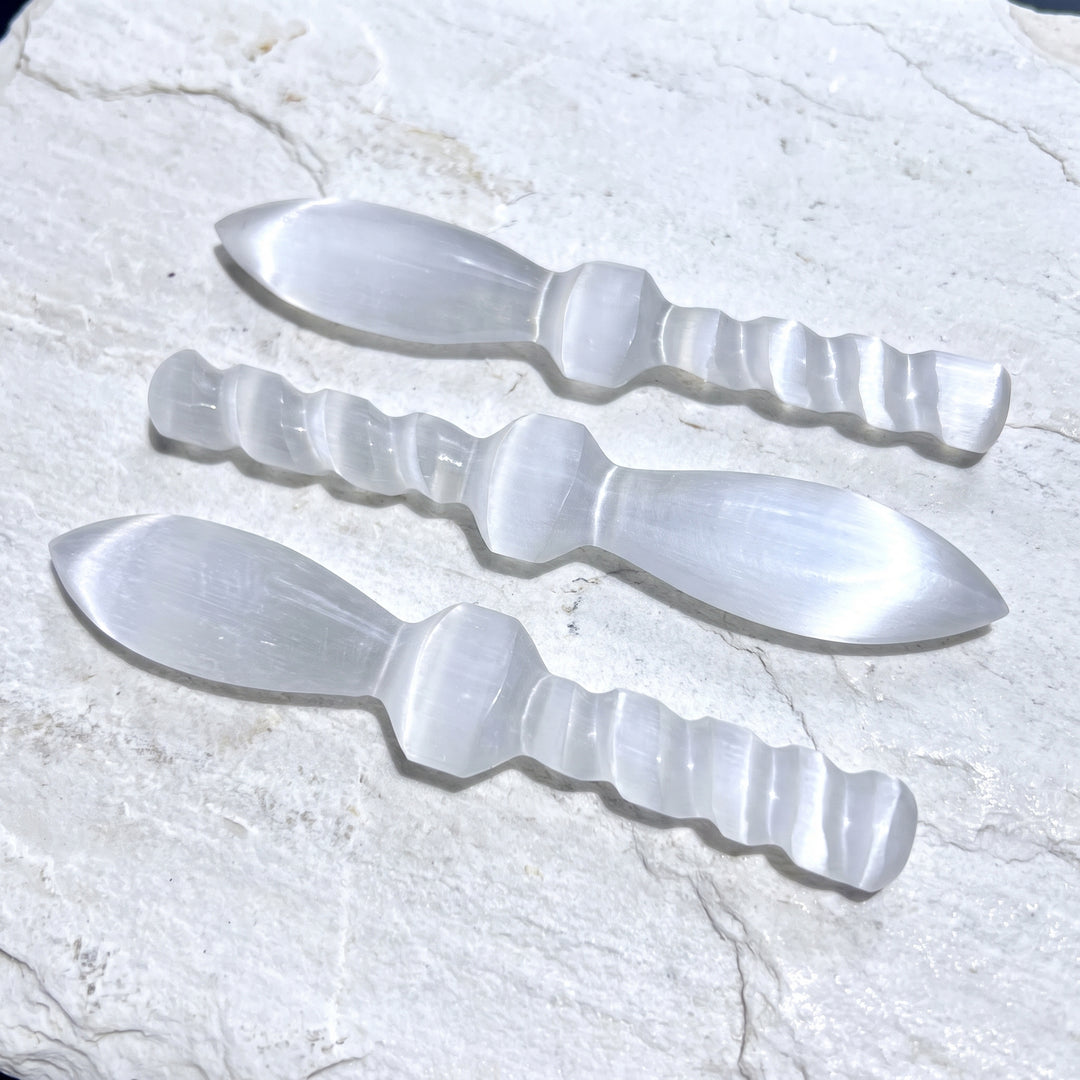 Selenite Satin Spar Crystal Decorative Knife Sword Dagger Spiral (7-8 Inches) Carving