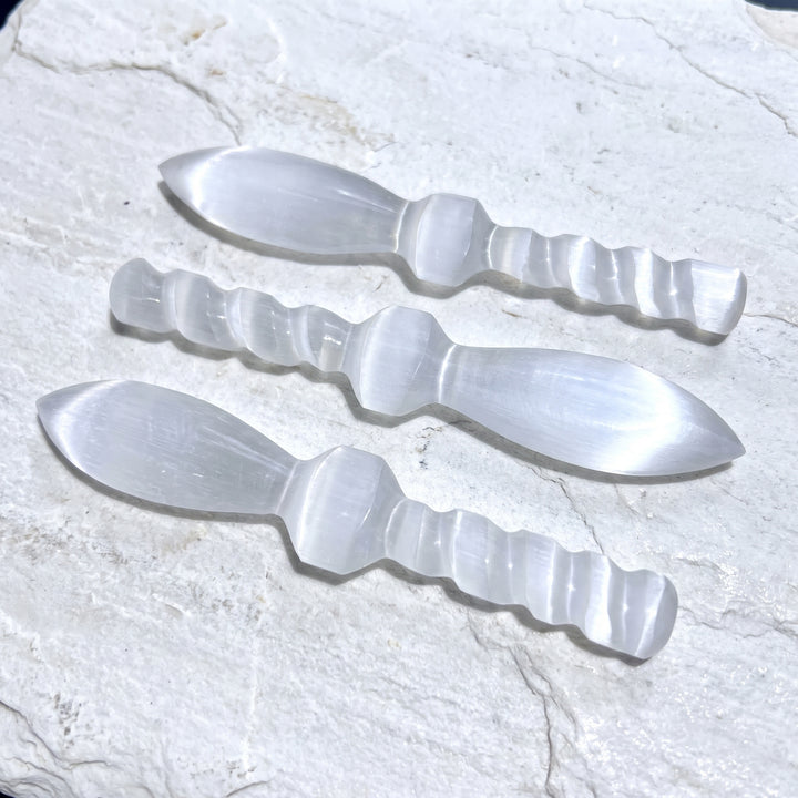 Selenite Satin Spar Crystal Decorative Knife Sword Dagger Spiral (7-8 Inches) Carving