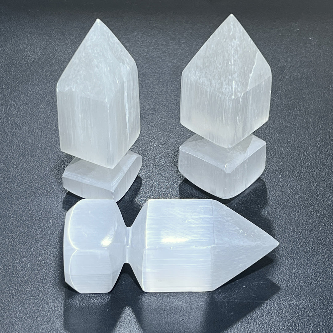 Satin Spar Crystal Point Obelisk Tower Carving