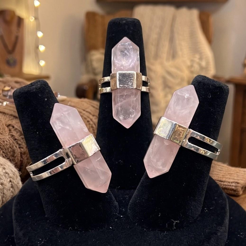 Pink Rose Quartz Crystal Adjustable Ring (Silver Plated)