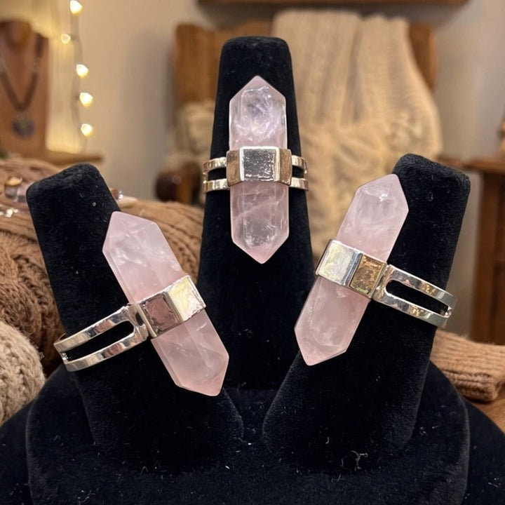 Pink Rose Quartz Crystal Adjustable Ring (Silver Plated)