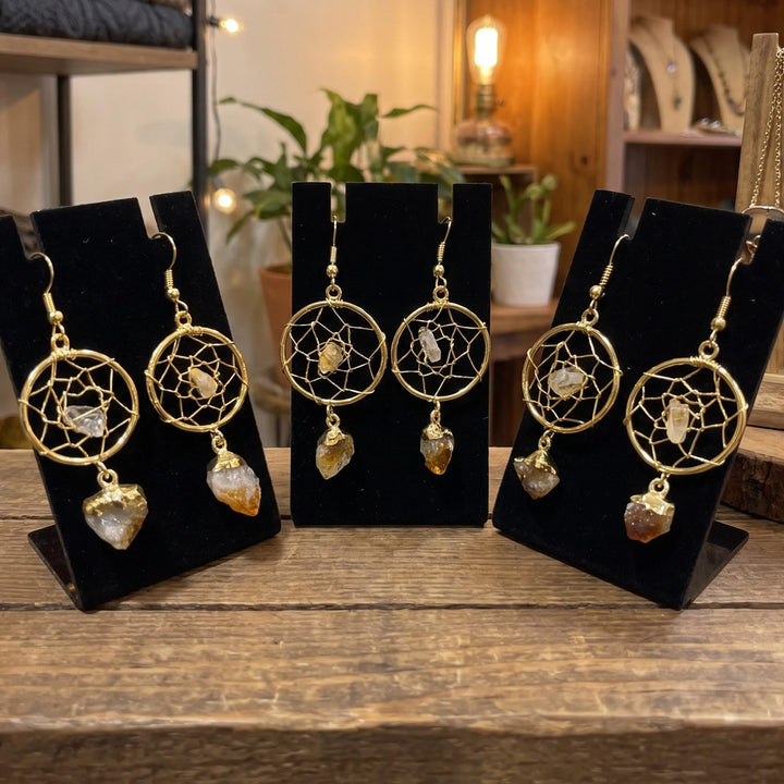 DreamCatcher Earrings Pair (Citrine Crystal)(Gold Plated)(Stainless Steel Hooks)