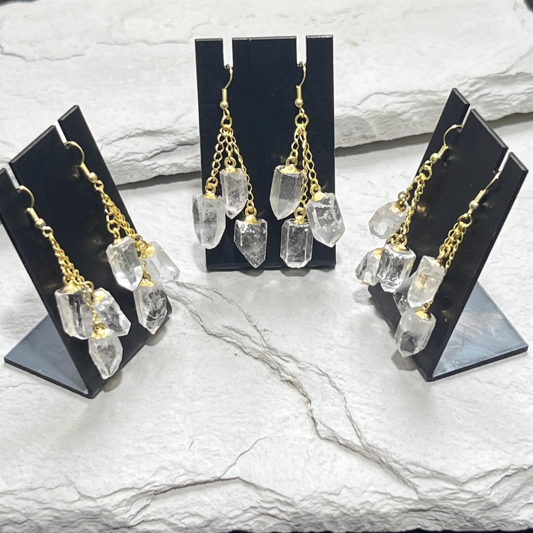 Long Quartz Triple Crystal Earrings Pair (Gold Stainless Hooks)