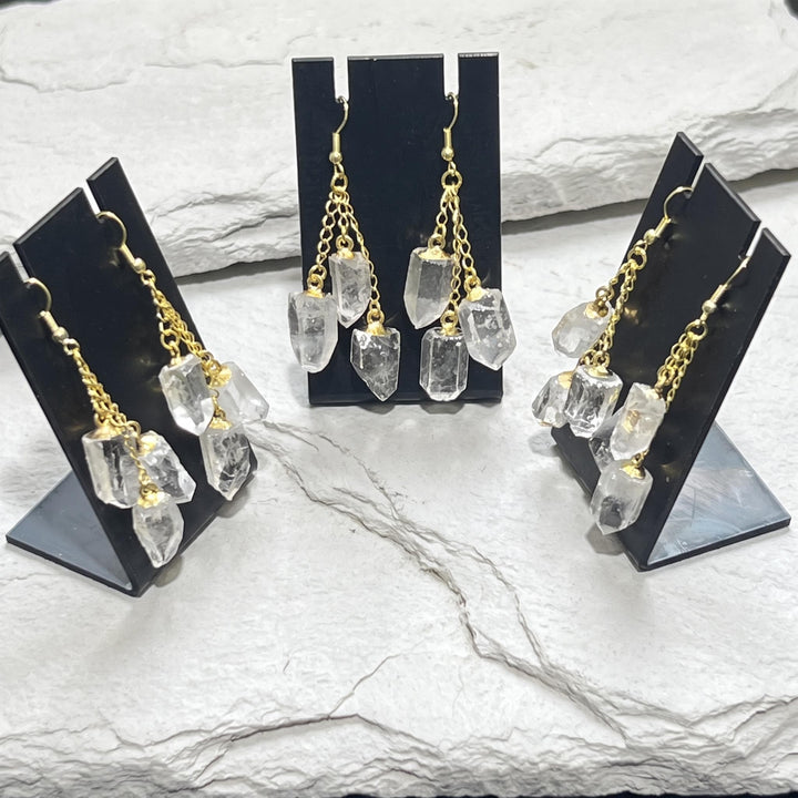 Long Quartz Triple Crystal Earrings Pair (Gold Stainless Hooks)