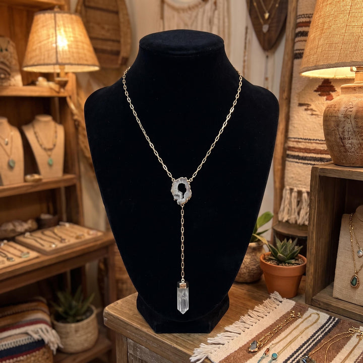 Quartz and Oco Geode Extra Long Lariat Y Drop Necklace Pendant (Gold Plated)
