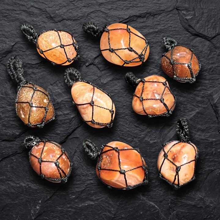 Red Carnelian Agate Crystal Pendant (Fish Net Wrap)