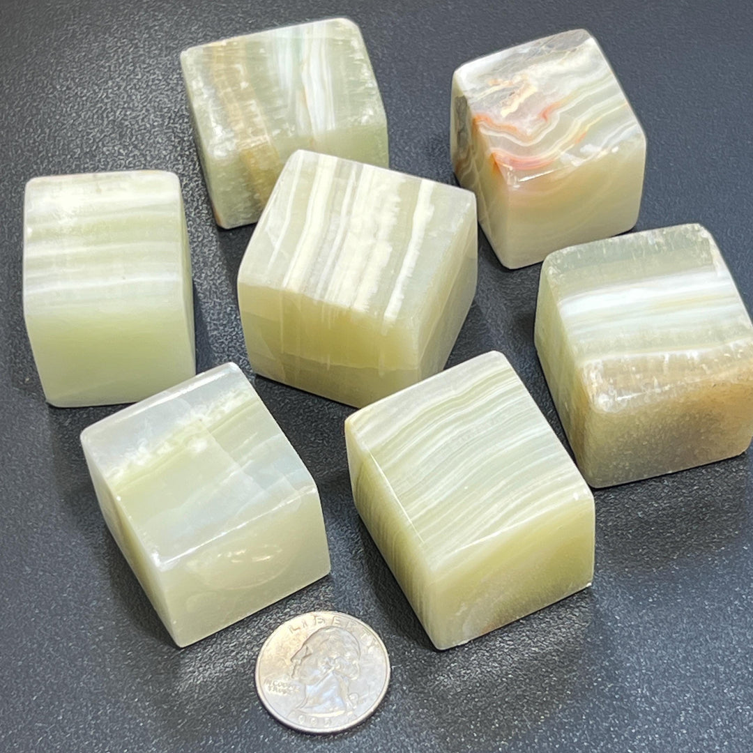 Green Banded Calcite Crystal Cube Block Carving