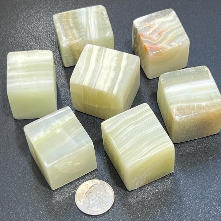 Green Banded Calcite Crystal Cube Block Carving