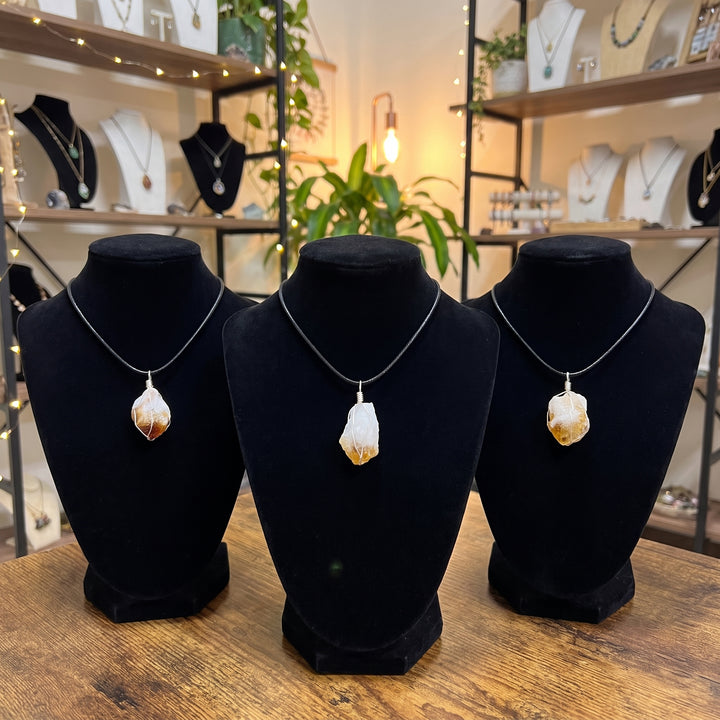 Raw Citrine Crystal Point Pendant (Silver Plated Wire Wrapped)