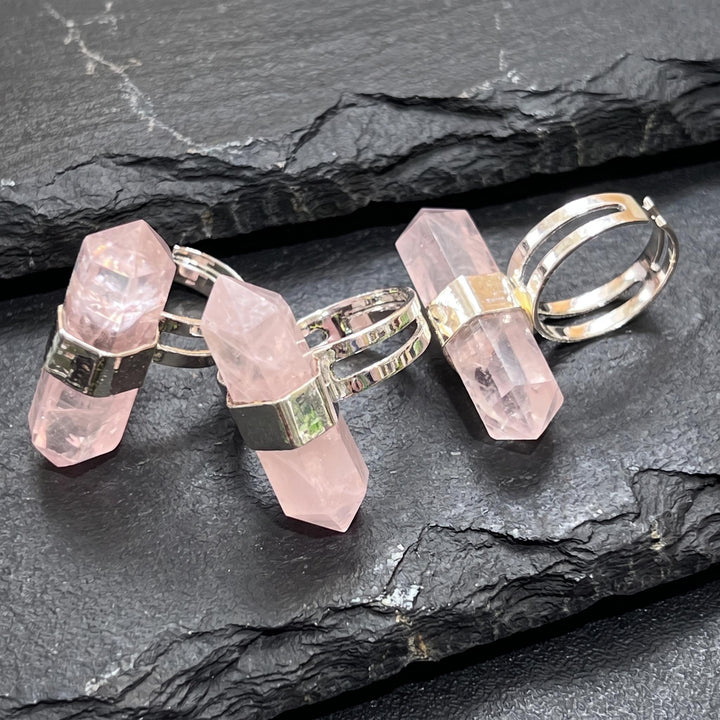 Pink Rose Quartz Crystal Adjustable Ring (Silver Plated)