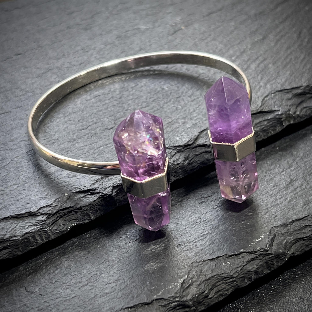 Amethyst Crystal Point Adjustable Cuff Bangle Bracelet (Silver Electroplated)