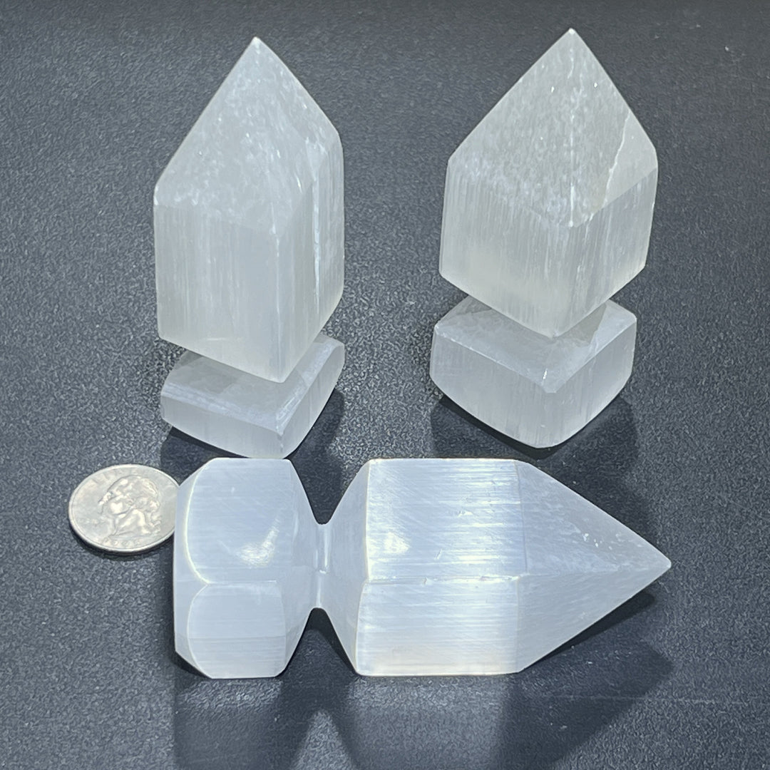 Satin Spar Crystal Point Obelisk Tower Carving