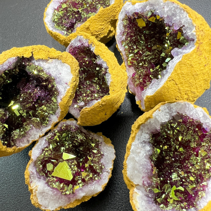 Matching Broken Quartz Aura Crystal Rough Geode Pairs with Metallic Flash Coating