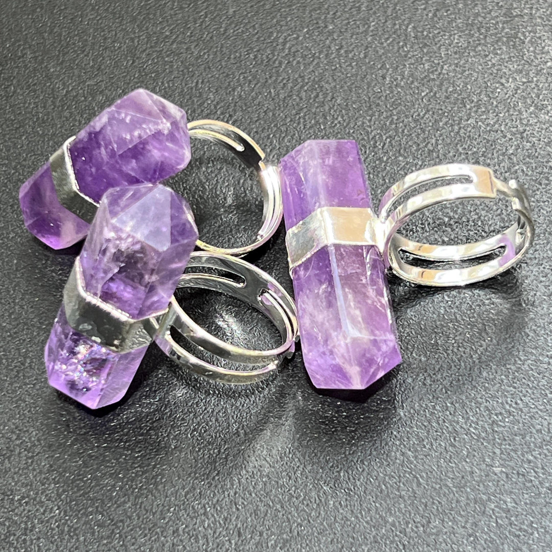 Amethyst Double Terminated Crystal Adjustable Ring (Silver Plated)
