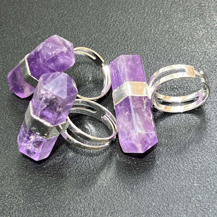 Amethyst Double Terminated Crystal Adjustable Ring (Silver Plated)