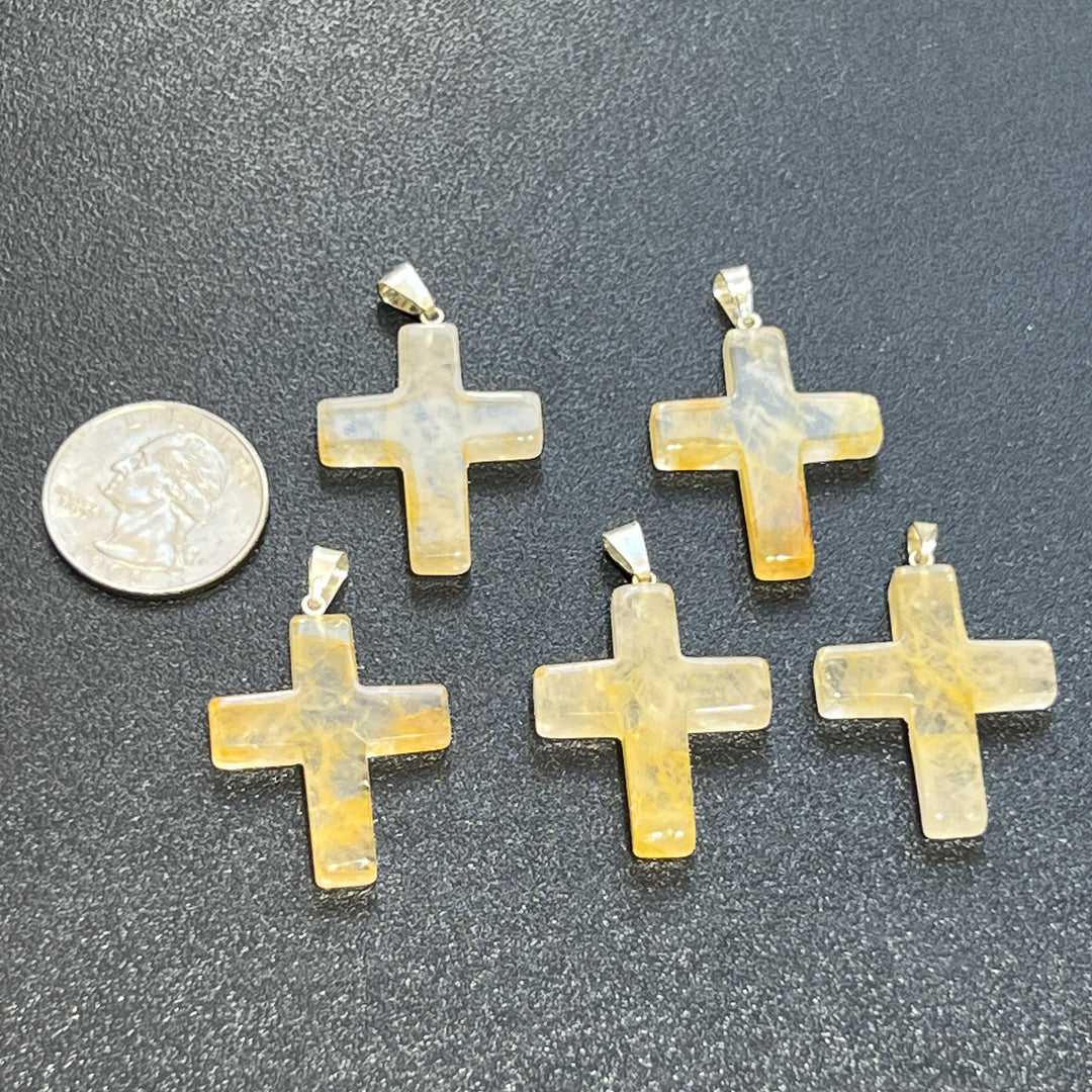 Golden Healer Quartz Crystal Cross Pendant (Silver Bail)