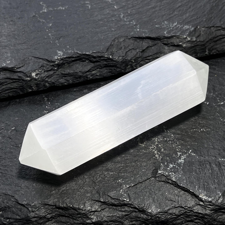 Selenite Satin Spar Crystal Point Hexagon Carving