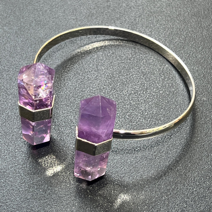 Amethyst Crystal Point Adjustable Cuff Bangle Bracelet (Silver Electroplated)