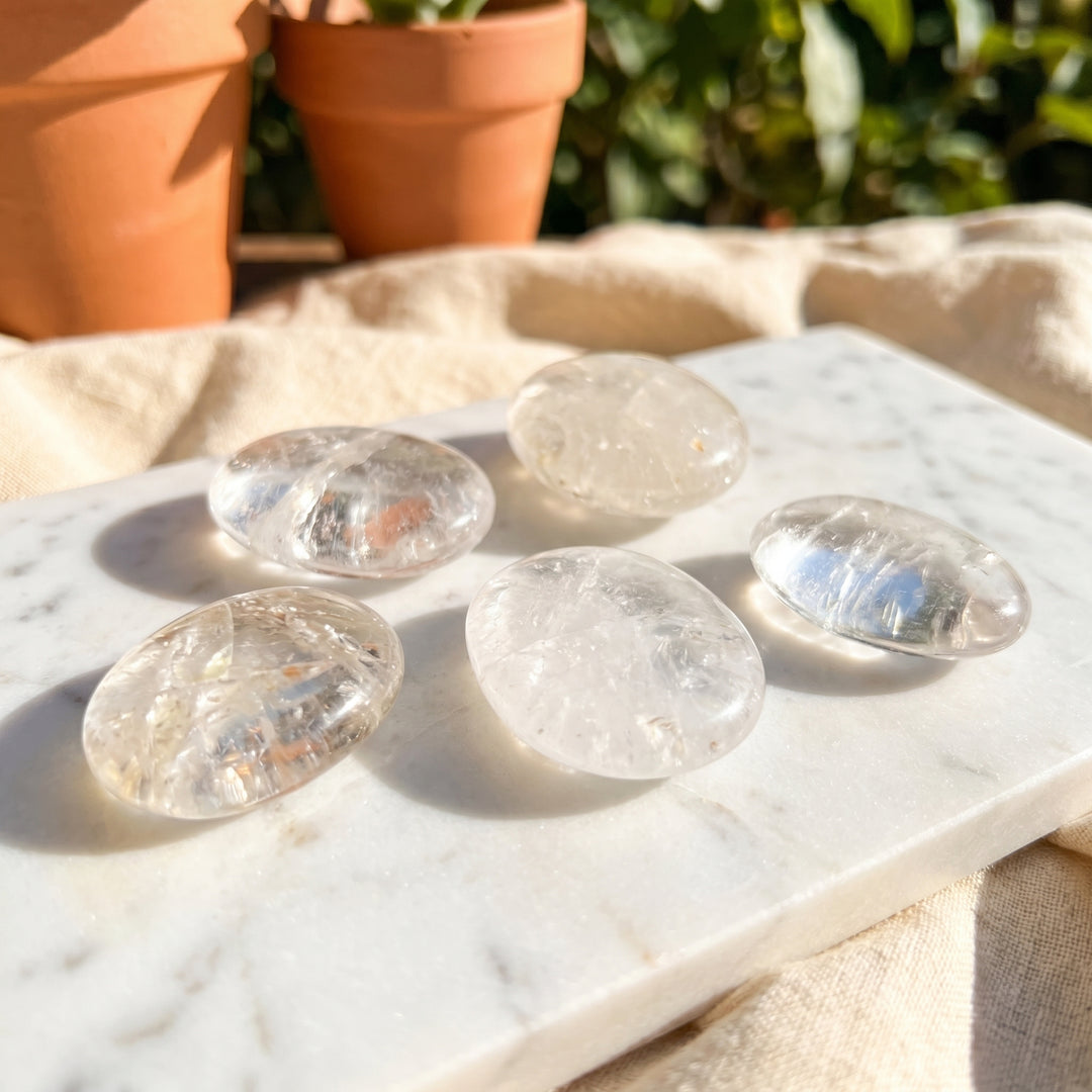 Clear Quartz Crystal Palm Stone Carving