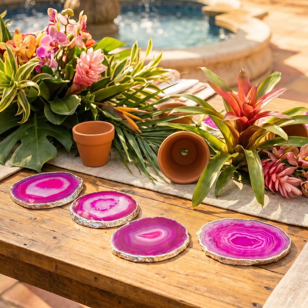 Pink Agate Slice Coasters Silver Dipped Plated (3 to 3.5 Inches)
