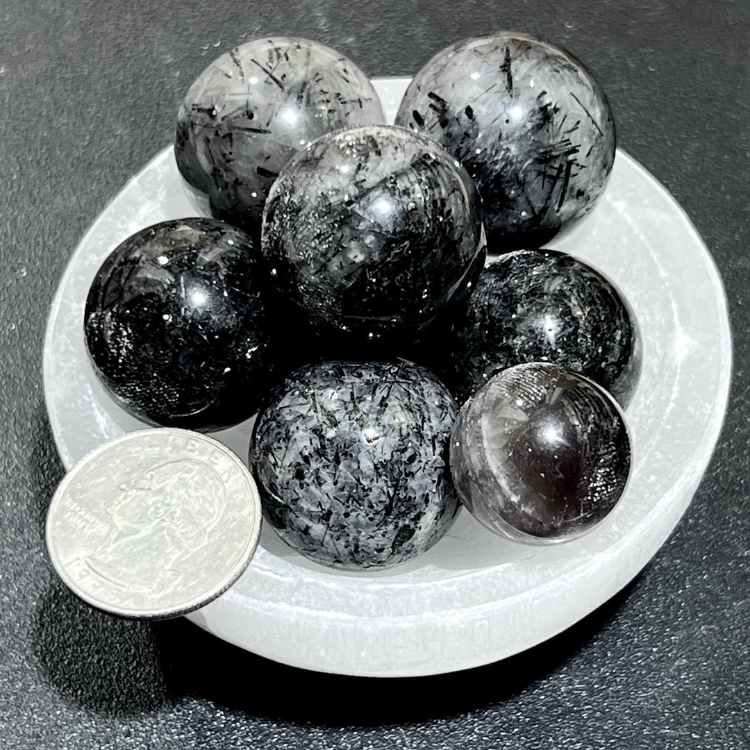 Assorted Small Tourmaline Quartz Crystal Spheres (20-30mm) Marble Size Gemstone Carving