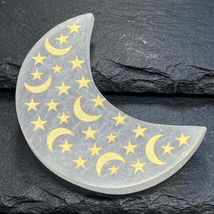 Selenite Satin Spar Crystal Moon Carving (Gold Star Decals)