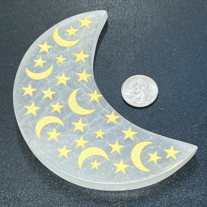 Selenite Satin Spar Crystal Moon Carving (Gold Star Decals)