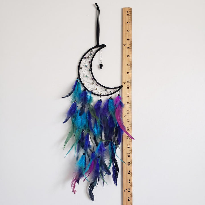 Moon Shaped Dreamcatcher with Black Frame and Purple Blue Feathers (24 Inches)
