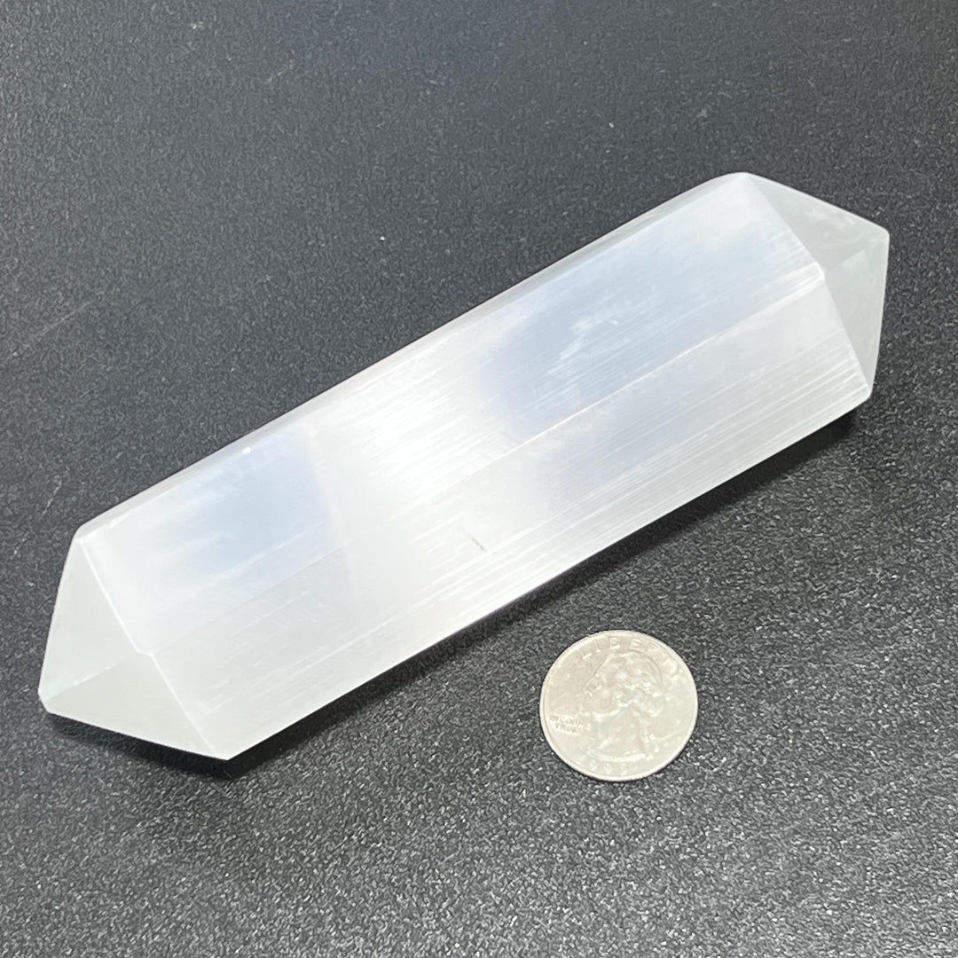 Selenite Satin Spar Crystal Point Hexagon Carving