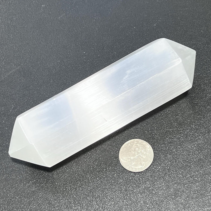 Selenite Satin Spar Crystal Point Hexagon Carving