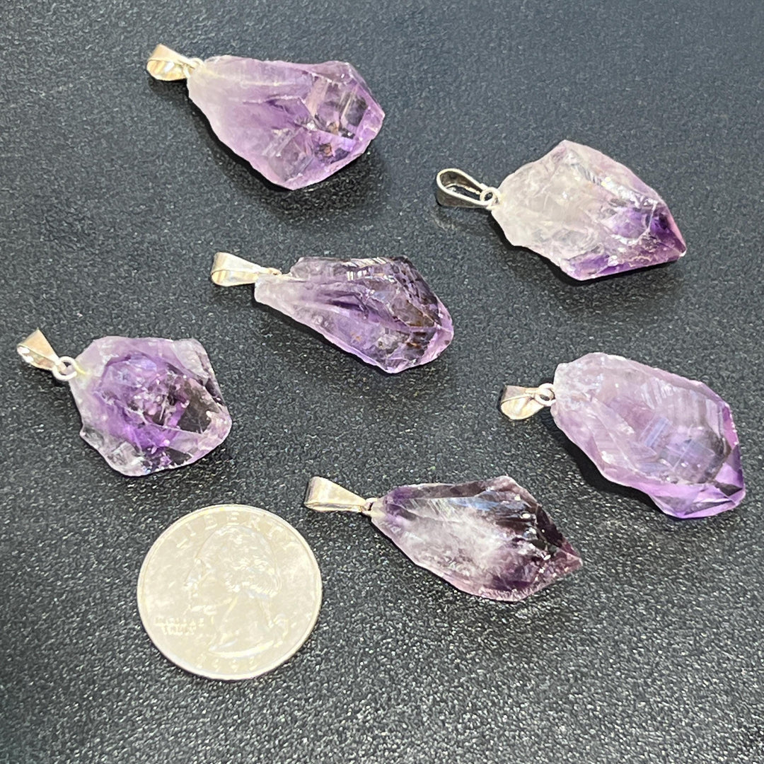 Raw Amethyst Crystal Point Pendant (Silver Bail)