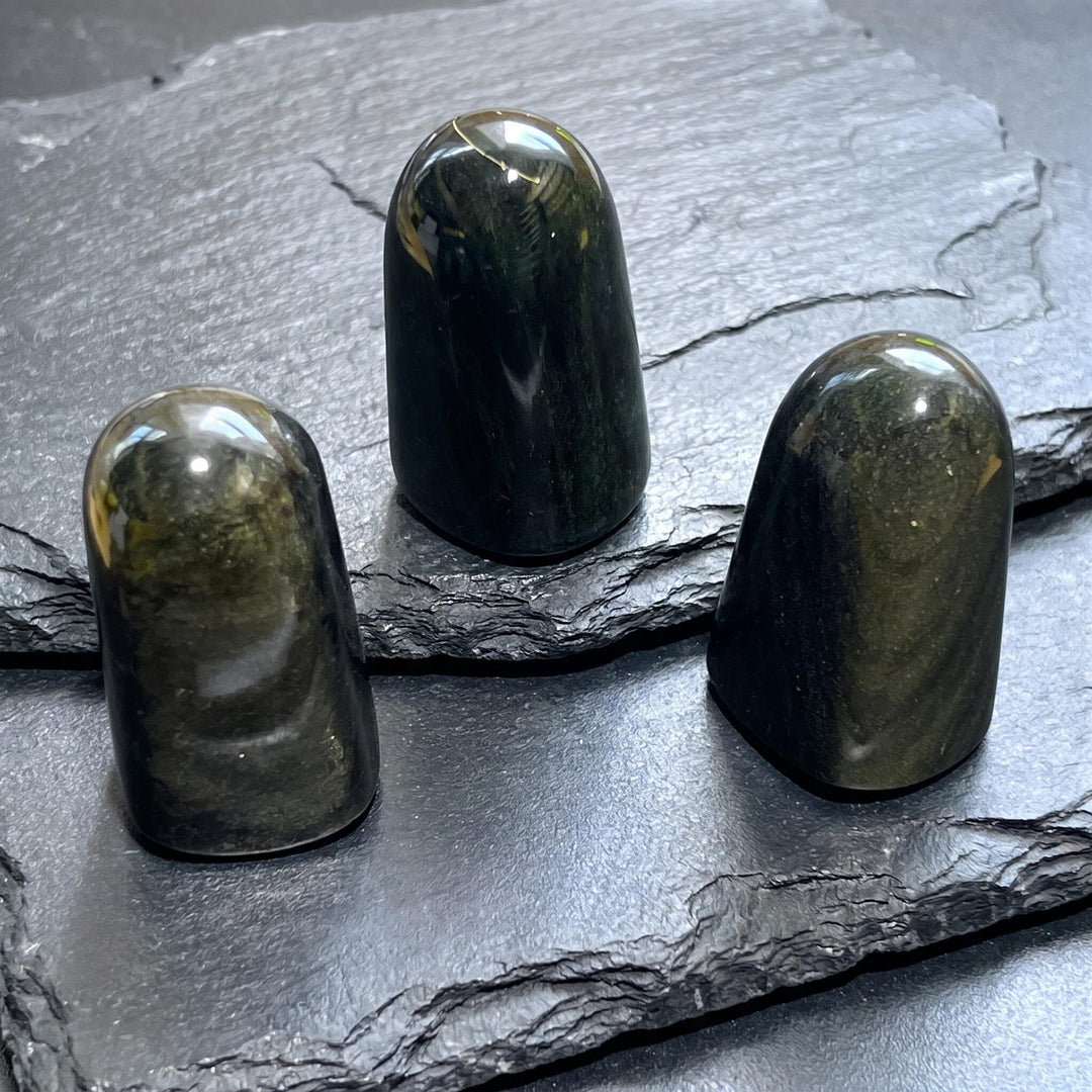 Gold and Silver Sheen Black Obsidian Tower Carving
