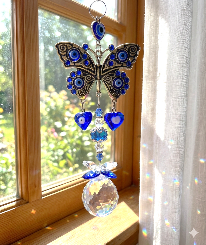 Silver Butterfly Blue Eye Sun catcher Gemstone Crystal Carving