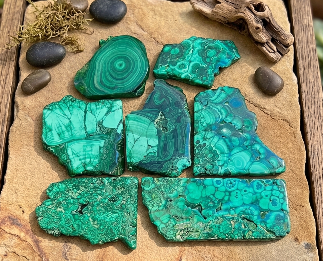 Malachite Polished Crystal Mineral Slices Slabs Freeform Carvings