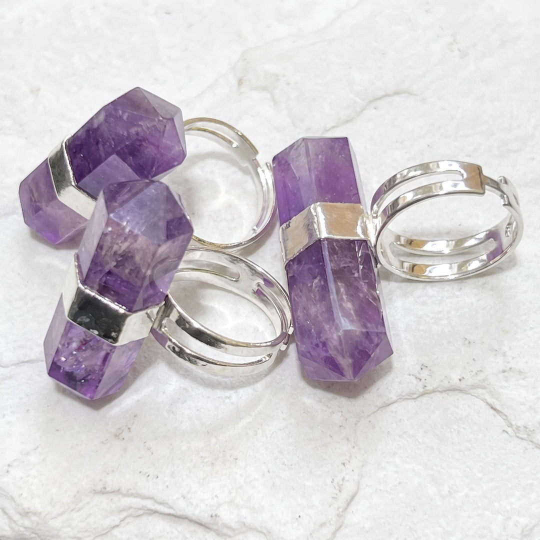 Amethyst Double Terminated Crystal Adjustable Ring (Silver Plated)
