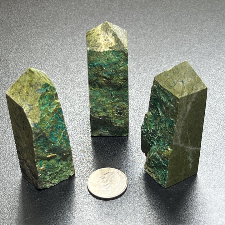 Dioptase Crystal Matrix with Copper Specs Standing Tower Carving