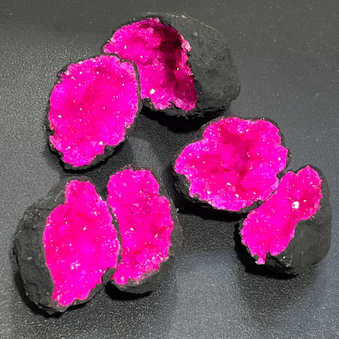 Matching Broken Quartz Aura Crystal Rough Geode Pairs with Dyed Pink Coating